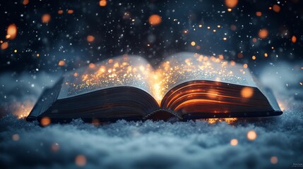 Poster - An open book glowing with sparks in a snowy environment, evoking magic and wonder.