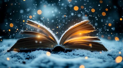 Aufkleber - An open book resting on snow, surrounded by glowing lights and falling snowflakes.