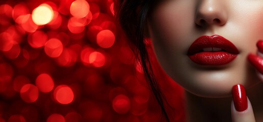 Poster - Close-up of a woman's lips and nails against a vibrant red bokeh background.