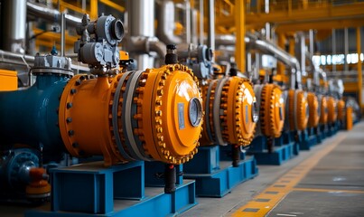 Poster - Industrial equipment featuring orange valves in a factory setting.