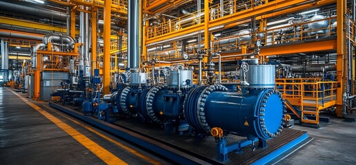 Poster - Industrial facility featuring large machinery and piping systems for processing.