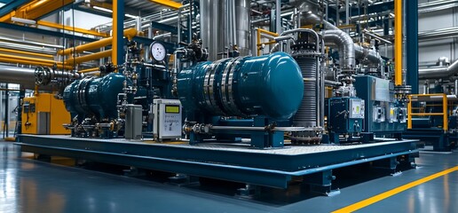 Poster - Industrial machinery setup with pumps and pipes in a factory setting.