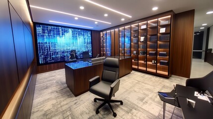 Poster - Modern office space with a sleek design, featuring a desk, chair, and digital display.
