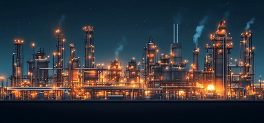 Poster - Nighttime view of a large industrial complex with glowing lights and smoke emissions.