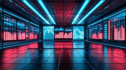 Poster - Futuristic data center with vibrant red and blue neon lights displaying financial charts and graphs on large screens.