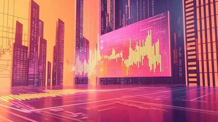 Poster - Futuristic city with financial data displayed on a large screen.