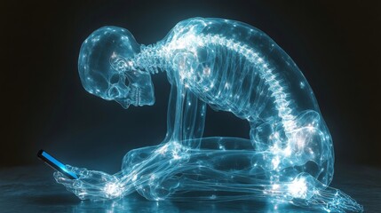 Poster - Digital x-ray depiction of a human figure engaged with a smartphone in a futuristic style