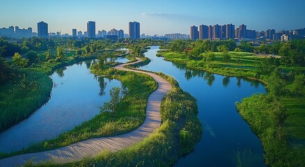 Fototapete - Scenic Boardwalk in Urban Park with Reflective Water and City Skyline : Generative AI