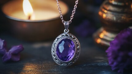 Poster - A stunning amethyst pendant hangs elegantly on a delicate chain, illuminated by soft candlelight.