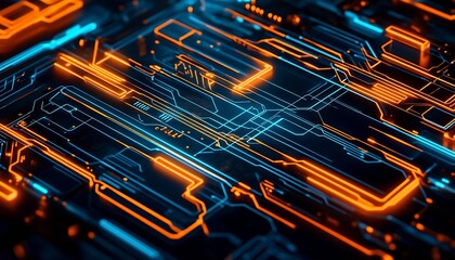 Aufkleber - High-Tech Cyber Circuit Panel with Blue and Orange Neon Highlights : Generative AI