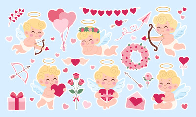 Wall Mural - a collection of cute cartoon cupids characters with hearts and arrows. one of the characters is hold