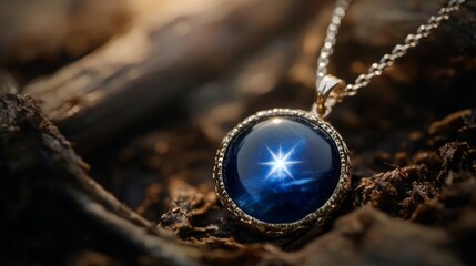Aufkleber - The gemstone pendant features a deep blue color, radiating a brilliant star-like reflection. It rests elegantly on a textured, earthy surface, illuminated by warm, soft lighting.