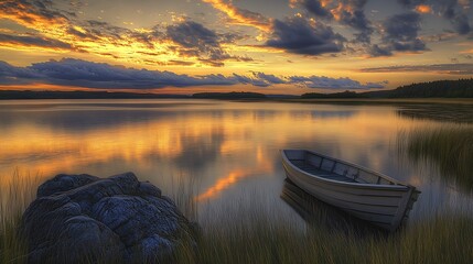 Poster - Scenic Tranquil Sunset Over Lake with Lonely Wooden Boat and Reflective Sky : Generative AI