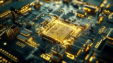 Poster - Shimmering Golden Circuit Board Design Highlights Cutting-edge Computer Technology : Generative AI