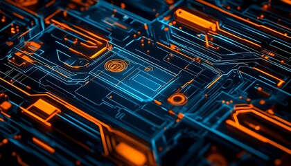 Aufkleber - Dynamic Neon Cyber Circuit Board in Blue and Orange Technology Design : Generative AI