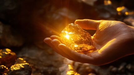Aufkleber - A hand holds a radiant amber gemstone, capturing light and warmth. The surroundings feature other gemstones, highlighting a moment of discovery in a natural environment.