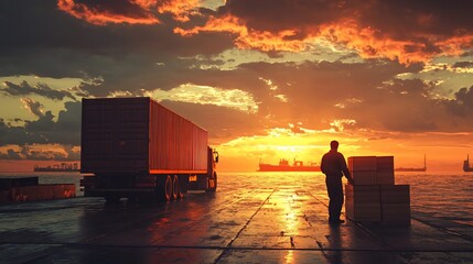 Aufkleber - Worker at sunset by cargo truck and sea.