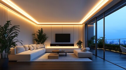 Fototapete - Elegant contemporary living room with city skyline view and warm lighting : Generative AI