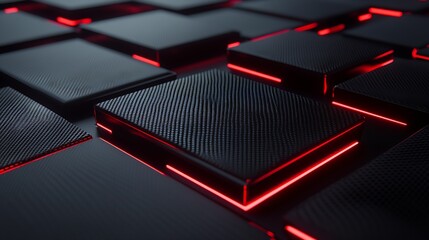 Poster - Innovative Black and Red Illuminated Square Tiles in a Futuristic Setting : Generative AI