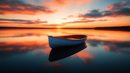 Poster - Stunning Reflection of Sunset Sky in Tranquil Lake with Lonely Boat Silhouette : Generative AI