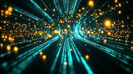 Aufkleber - Abstract Cosmic Tunnel with Bright Blue Paths and Golden Luminescent Particles : Generative AI