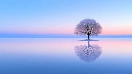 Poster - Tranquil Dawn Reflection of a Solitary Tree on Mirror-Like Lake : Generative AI