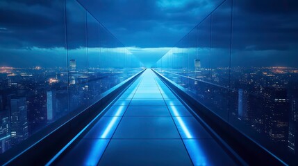 Poster - Elevated glass walkway at night overlooking a city skyline with blue neon lights.