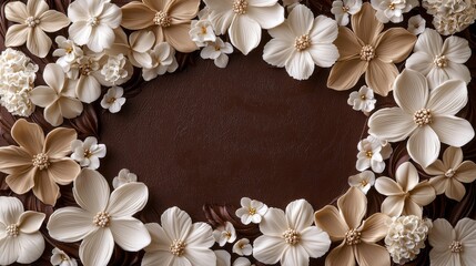 Poster - Delicate white flowers intertwine with warm mocha hues, creating an enchanting frame that captures the essence of tranquility and natural beauty, ideal for any artistic display, Mocha Mousse