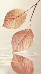 Poster - Two elegantly shaped leaves softly rest above calm water, reflecting their intricate veins while bathed in warm, natural light that enhances the tranquil ambiance