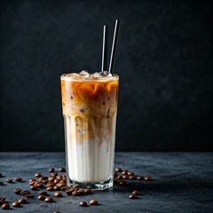 Wall Mural - Latte ice coffee and coffee beans on white background, isolated photo style.
