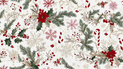 Wall Mural - Beautiful holiday pattern with holly and snowflakes.