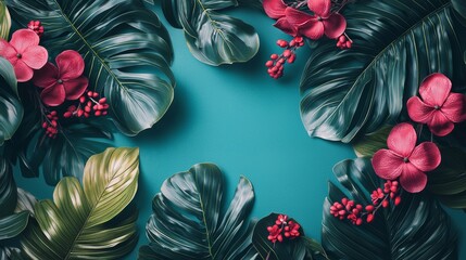 Wall Mural - Tropical leaves and pink flowers on a teal background