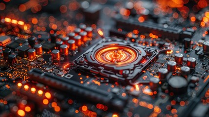 Poster - A close-up view of a circuit board with glowing components, showcasing technology's intricacies.