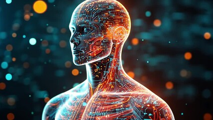 Poster - Futuristic representation of an artificial intelligence being with circuits and lights