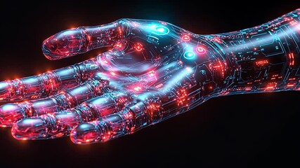 Poster - Futuristic robotic hand showcasing intricate circuits and glowing lights in high-resolution detail