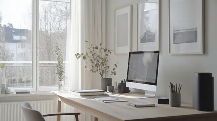 Poster - A Scandinavian-inspired office with a light wooden desk, white walls, and soft gray accents.