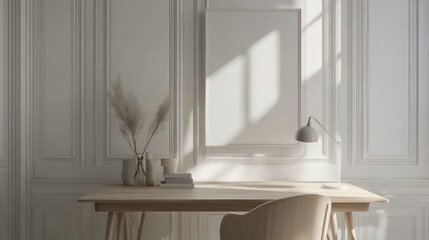 Poster - A Scandinavian-inspired office with a light wooden desk, white walls, and soft gray accents.