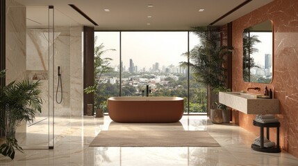 Poster - This contemporary bathroom boasts a luxurious mocha mousse soaking tub, expansive city views, and elegant marble finishes, creating a serene retreat filled with natural light