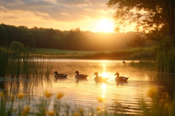 Sticker - Ducks swimming peacefully in a serene lake during sunset with golden skies and lush greenery