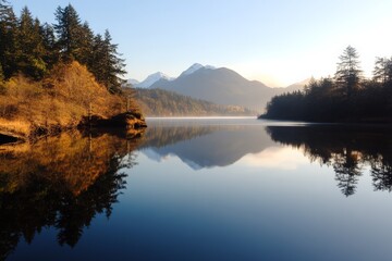 Wall Mural - Tranquil lake reflecting mountains and trees during sunrise in a serene natural setting