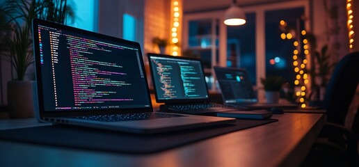 Poster - A cozy workspace with multiple laptops displaying colorful code at night.