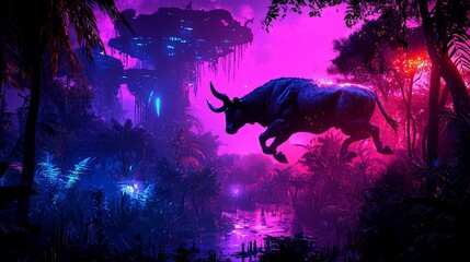 Naklejka na meble Leaping bull in vibrant, surreal jungle landscape.