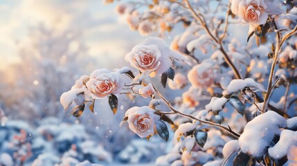 Poster - Snow-covered pale pink roses on a bush at sunset.