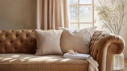 Poster - A sumptuous velvet sofa in mocha mousse color is complemented by plush textured cushions, basking in warm sunlight filtering through large windows, enhancing the serene interior Mocha Mousse