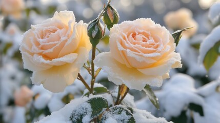 Poster - A rose bush covered in snow, with delicate frosty edges.