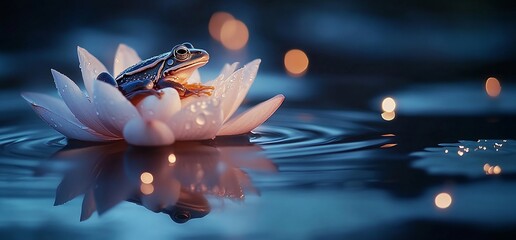 Aufkleber - A frog perched on a water lily surrounded by soft lights in a tranquil setting.