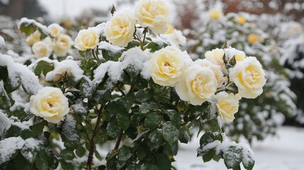 Poster - A rose bush covered in snow, with delicate frosty edges.