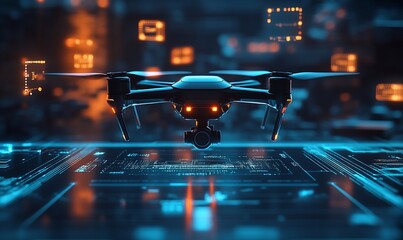 Poster - A futuristic drone hovering over a digital interface with glowing elements.