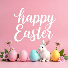 Wall Mural - Happy Easter banner with a cute white bunny, eggs and flowers on a light pink background. Square composition.