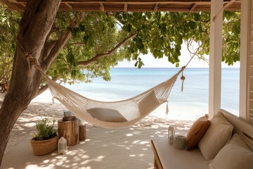 Poster - Relaxing in a hammock by the serene beach with soft waves and clear skies in a tropical setting